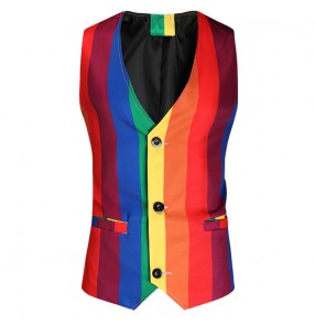 Men's youth rainbow striped jazz dance vests modern gogo dancers stage performance dj ds host singers choir model show waistcoats for man